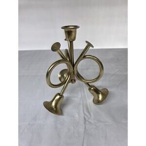 Vintage Brass Triple Horn Taper Candle Holder Holiday Christmas Decor Trumpet